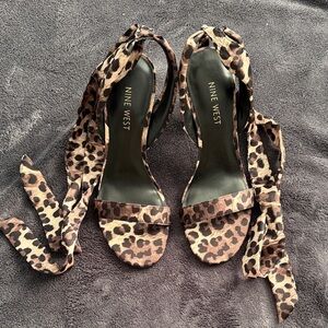 Nine West Leopard Print Wrap-Ankle Heeled Sandals - Brown/Black Size 6.
